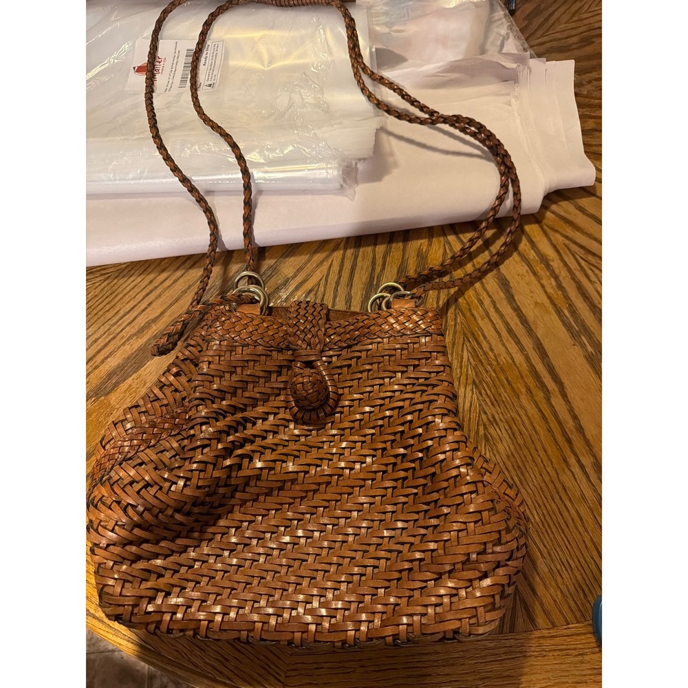 LJS Collection Woven Leather Crossbody Bag Cognac Brown Braided Strap Boho